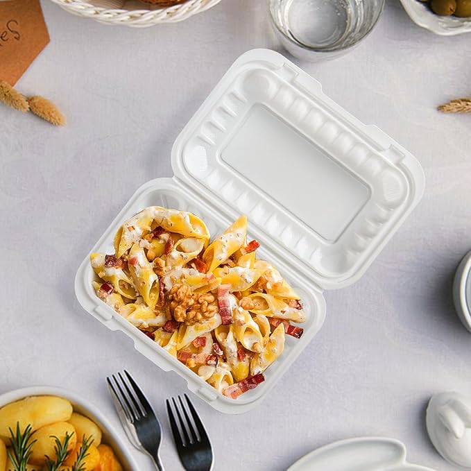 Food Containers 27 oz 9x6 50 Pack - Shrink Wrap Clamshells with Locking Hinge | BPA Free Mineral Filled PP | Freezer & Microwave Safe | Commercial White Reusable Meal prep Boxes for Takeout