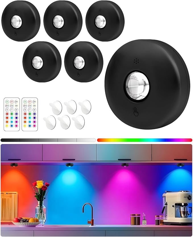 Yiliaw LED Puck Lights with Remote, Magnetic AAA Battery Operated Light, Under Cabinet Lighting, Tap Lights with Dimmer & Timmer for Kitchen, Closet, Shelf - 6 Pack, Black
