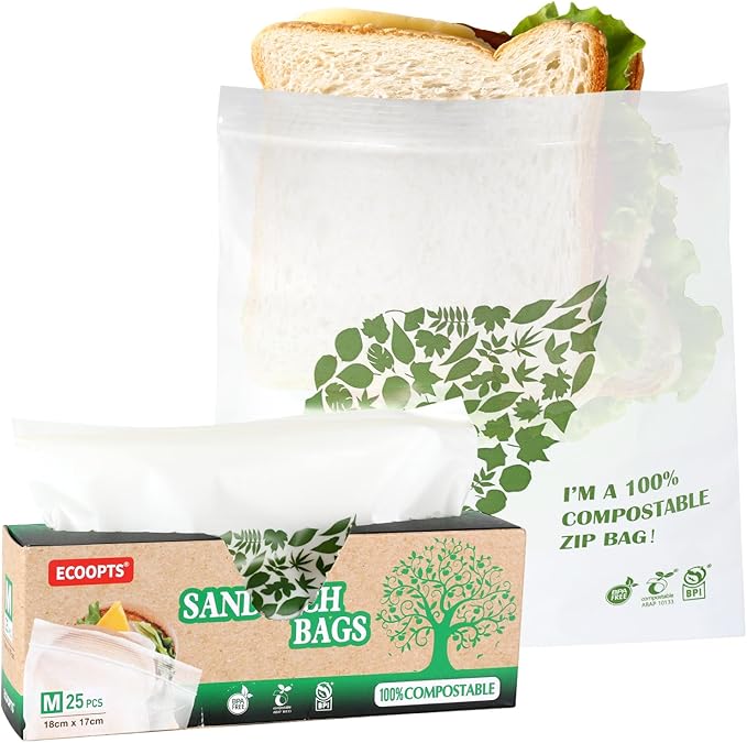 ECOOPTS 25×100% Compostable Sandwich Zip Bags | ECO-Friendly Food Storage Bags | Freezer Bag | Plant-Based BPA-free | Seal well for Sandwich,Fruit,Food and Snack (1Pack, Medium Size)