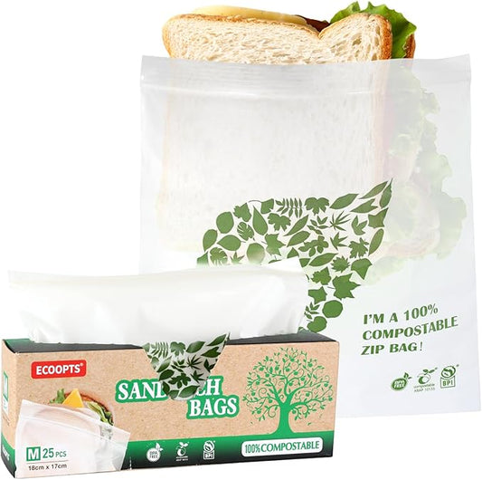 ECOOPTS 25×100% Compostable Sandwich Zip Bags | ECO-Friendly Food Storage Bags | Freezer Bag | Plant-Based BPA-free | Seal well for Sandwich,Fruit,Food and Snack (1Pack, Medium Size)
