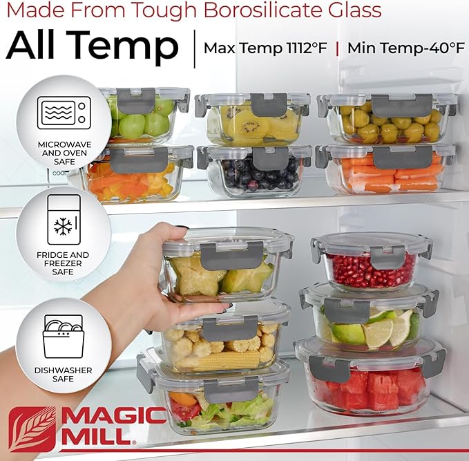 Magic Mill Borosilicate Glass Food Storage Containers with lids Set | Ultimate 24pc Sets with 12 Bowls & 12 Airtight Locking Lids for Lunch & Meal Prep, Safe for Oven, Freezer, Dishwasher, BPA-Free