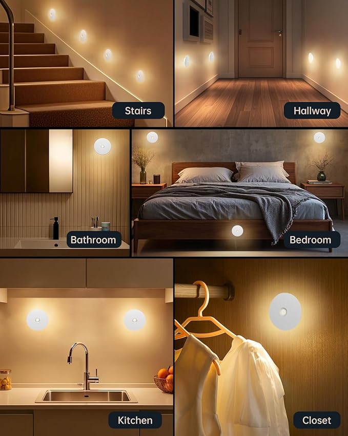 Yiliaw Motion Sensor Night Light, Rechargeable Stair Lights Indoor, Warm White with Wireless Magnetic Mount, Adjustable Brightness & 3 Color Temps for Hallway, Stairway, Bathroom, Closet (4 Pack)