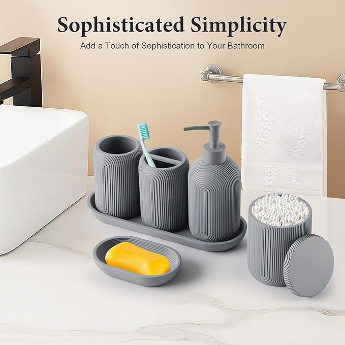 Bathroom Accessories Set - 7-Piece Resin Bathroom Set, Toothbrush Holders Set, Soap Dispenser, Qtip Holder Dispenser, Tumbler, Soap Dish & Tray, Modern Bath Decor for Home Dorm Hotel (Grey)