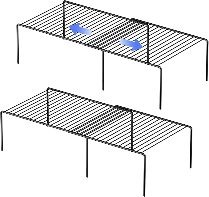 Redrubbit Cabinet Storage Shelf Rack, 4 Piece Expandable Metal Rustproof Kitchen Counter and Cabinet Shelf, Storage Rack Organizer Space Saver for Kitchen, Fridge, Cabinet, Bathroom, Black, Set of 2