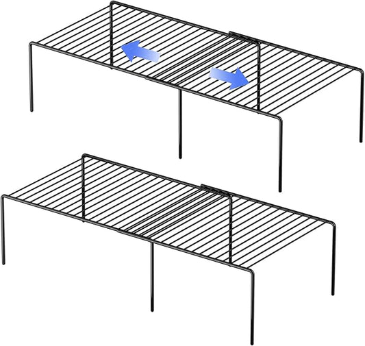 Redrubbit Cabinet Storage Shelf Rack, 4 Piece Expandable Metal Rustproof Kitchen Counter and Cabinet Shelf, Storage Rack Organizer Space Saver for Kitchen, Fridge, Cabinet, Bathroom, Black, Set of 2