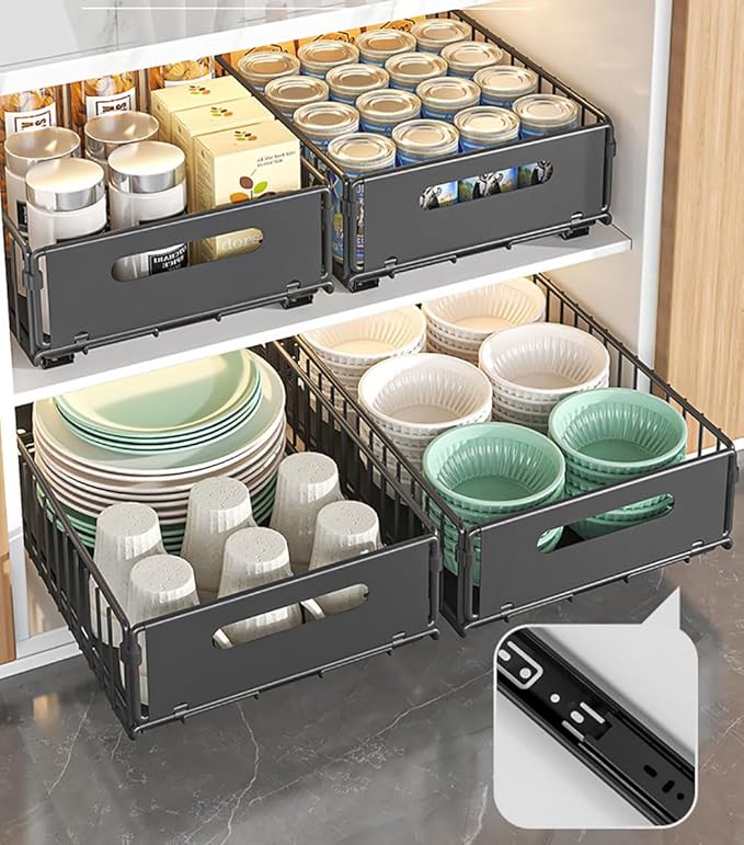 Pull Out Cabinet Organizer Slide Out Drawer Storage Shelves Cupboard Organiser Sliding Cabinet Basket for Kitchen No Drilling and Nailing (Black, 2Piece 9.8" W X 15" D X 3.9" H)