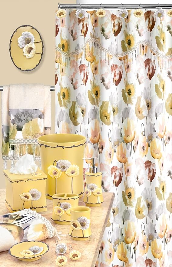 Zahari Home 13pc Poppy Fields Bathroom Shower Curtain Set Yellow Shower Curtain & 12 Shower Curtain Hooks Luxury Contemporary Colorful Shower Curtain Unique Design Stylish Shower Curtain Set