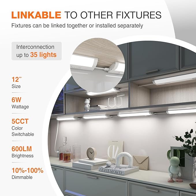 12inch Linkable Under Cabinet Lighting Hardwired Plug-in, Wired led Under Cabinet Lights with 5 CCT (2700/3000/3500/4000/5000) & Dimmable, Under Counter Lights for Kitchen, 6W, 600LM, 2 Pack