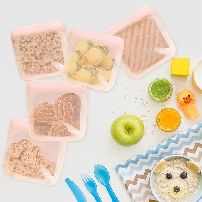 purifyou Set of 5 Reusable Silicone Storage Snack Bags 6oz / 16oz / 32oz / 64oz Self-Seal Food Storage Container for Fruits, Vegetables, Sandwiches, Dishwasher Safe & Leak-free (CloudPink, 16oz)