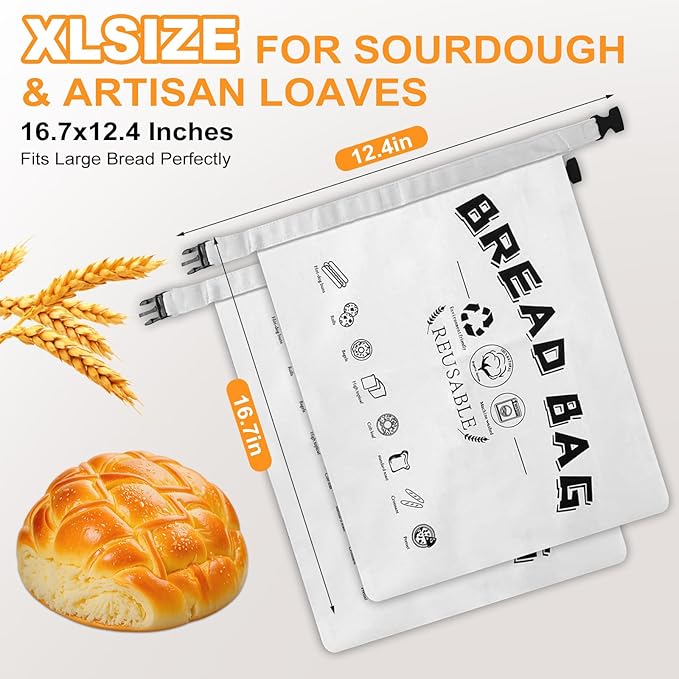 2 Pack Reusable Beeswax Bread Bags, 17 x 12 Inch Natural Cotton Reusable Bread Bags, Large Capacity Snap-on Beeswax Bread Storage Bags, Food Storage Cloth Bags, Freezer Safe