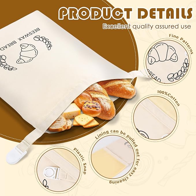 2 Pack Reusable Beeswax Bread Bag for Homemade, XL Sourdough Bread Keeper with Beeswax Lining, 17"×12" Bread Storage for Baking Supplies
