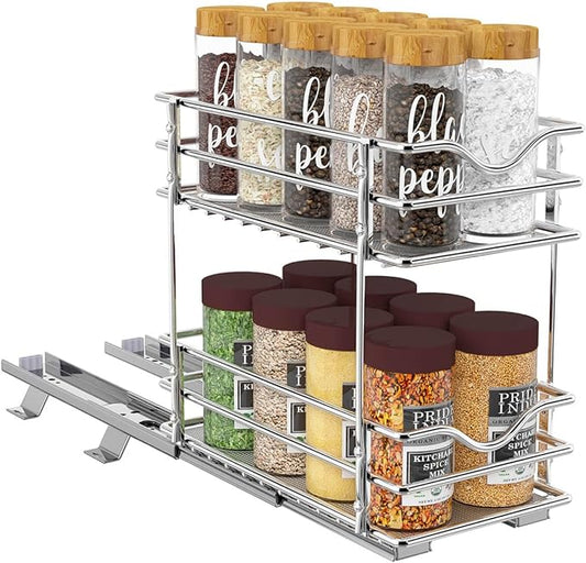 OCG 2 Tier Pull Out Spice Rack Organizer（8.3" W x 10.4" D） for Cabinet, Slide Out Seasoning Organizer Fits Spices, Sauces, Cans etc