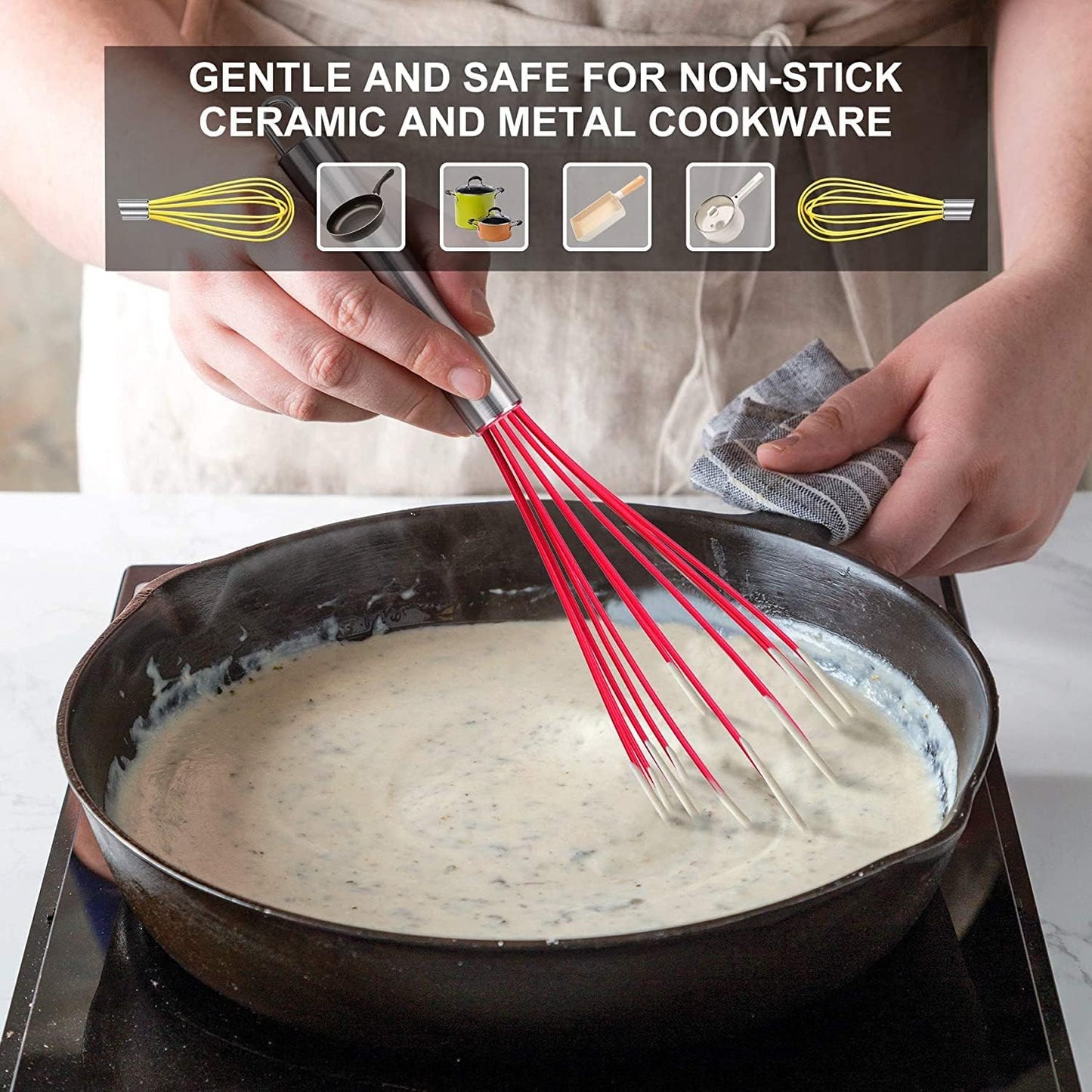 HOTEC 4 Pieces Silicone Whisks Set, Wire Balloon Whisks Egg Beater, Non-slip Handle Whisk for Non-stick Cookware Perfect for Cooking, Stirring, Beating and Blending (Multicolor)
