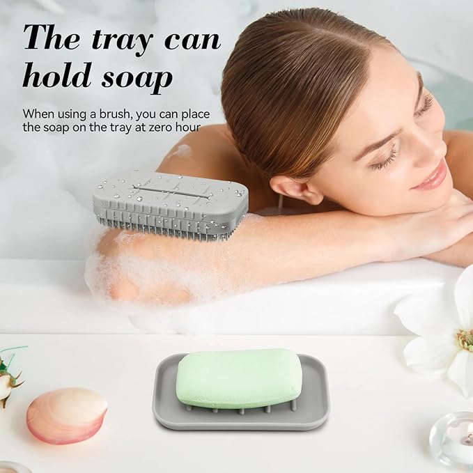 2-in-1 Silicone Soap Holder & Brush Set with Built-in Soap Saver Compartment, Includes a leak-proof soap tray+body brush, Unbreakable&Noise-Free, Soap Dish with Soft Brush, Brush with Soap Dish (grey)