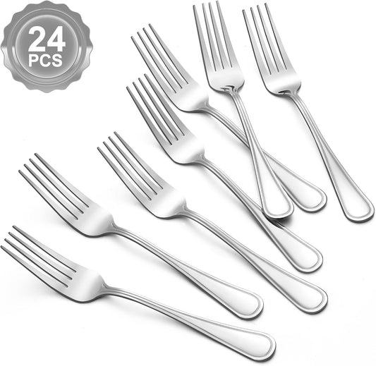 BEWOS 24-Piece Silverware Set - 7.9-Inch Dinner Forks, Food Grade Stainless Steel, Dishwasher Safe, Mirror Polished, Multipurpose for Salad and Table Use