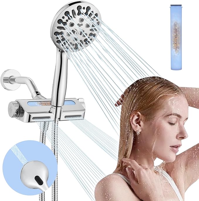 Filtered Shower Head with Handheld Combo, Hard Water Filter Shower Head with 9 Shower Modes, Dual Shower Heads High Pressure, Shower Filters to Remove Chlorine and Fluoride (Chrome)