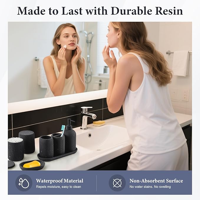 Bathroom Accessories Set - 7-Piece Resin Bathroom Set, Toothbrush Holders Set, Soap Dispenser, Qtip Holder Dispenser, Tumbler, Soap Dish & Tray, Modern Bath Decor for Home Dorm Hotel (Black)
