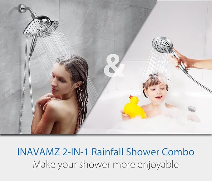 2-in-1 Shower Heads with Handheld 2.5GPM: 10” Rain Shower Head & Hand Held Shower Head, 9 Spray Settings Detachable Shower Head with ON/OFF Switch and 15-Stage Filter