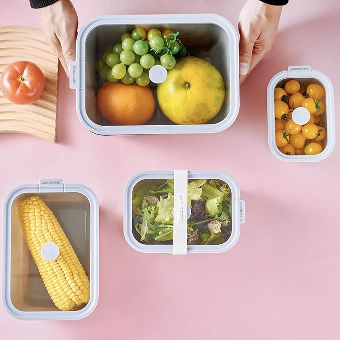 Glass Food Storage & Meal Prep Container Set of 4 with Airtight Glass Lids, Leakproof, 3 Free Straps, Ceramic-Coated Borosilicate, Oven, Microwave Safe, BPA & Plastic-Free