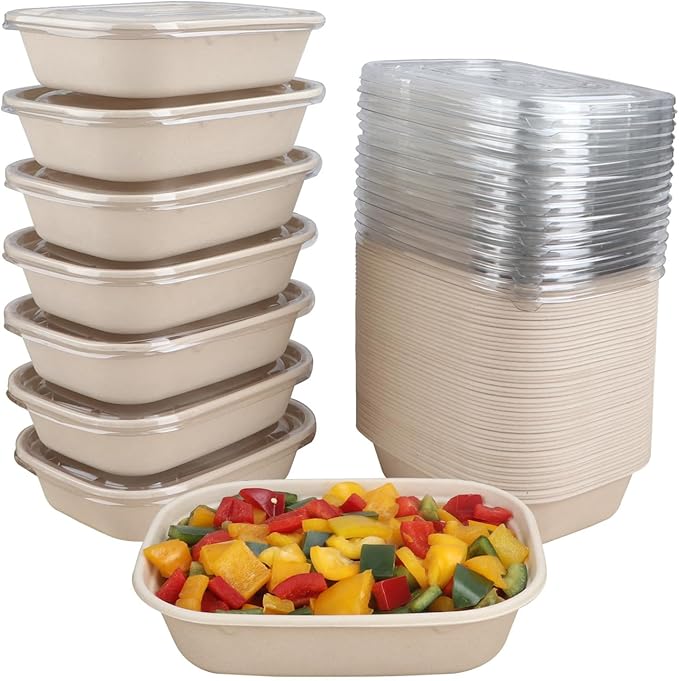 35 oz Disposable salad bowls with lids, Sugarcane Fiber Paper Bowls take away food containers meal prep Plant Fiber deli container 50 Pack