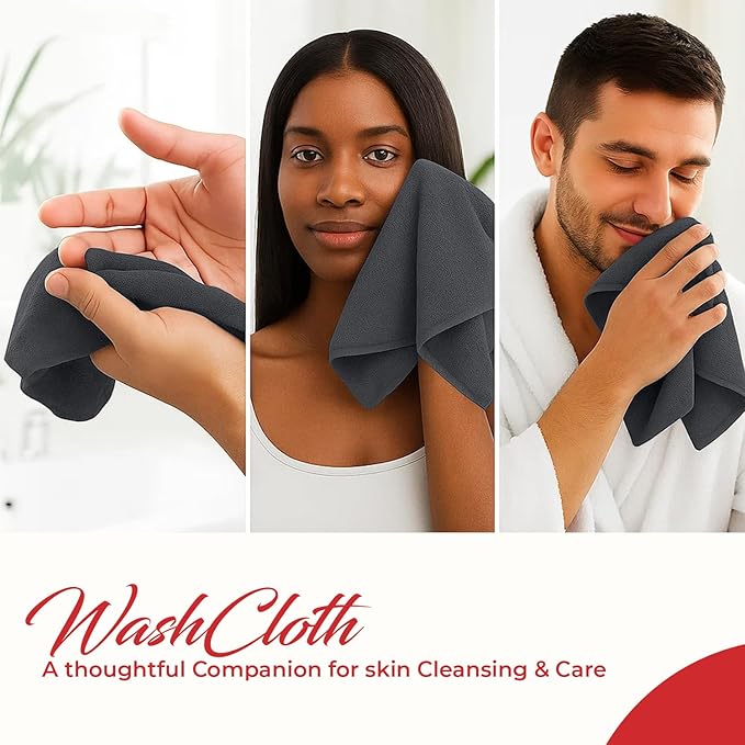 RIVERSIDE 24 Pack Washcloths Set - 100% Cotton [12x12 Inches] - Soft, Quick-Dry & Highly Absorbent Face Towels - Perfect for Bathroom, Gym, Hotel, Spa & Travel - Grey