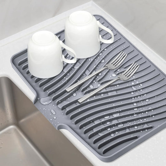 Silicone Dish Drying Mat, Stone Drying Mat for Kitchen Counter with Built-In Drain, Non-Slip Drain Pad with Built-in Drain, Heat Resistant Stone Drying Mat, 1Pcs 19.7" x 17", Grey