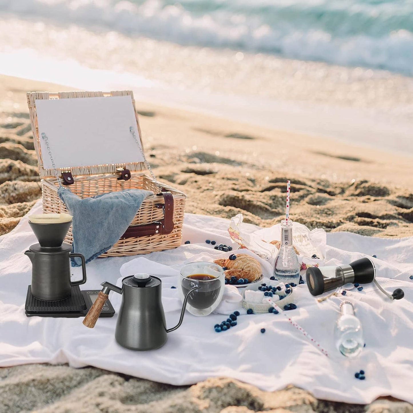 SOTECH Pour Over Coffee Maker Set All in 1 Coffee Kits- 304 Stainless Steel Kettle with Thermometer Coffee Grinder Coffee Dripper & Server of Portable Travel Bag For Outdoor Camping