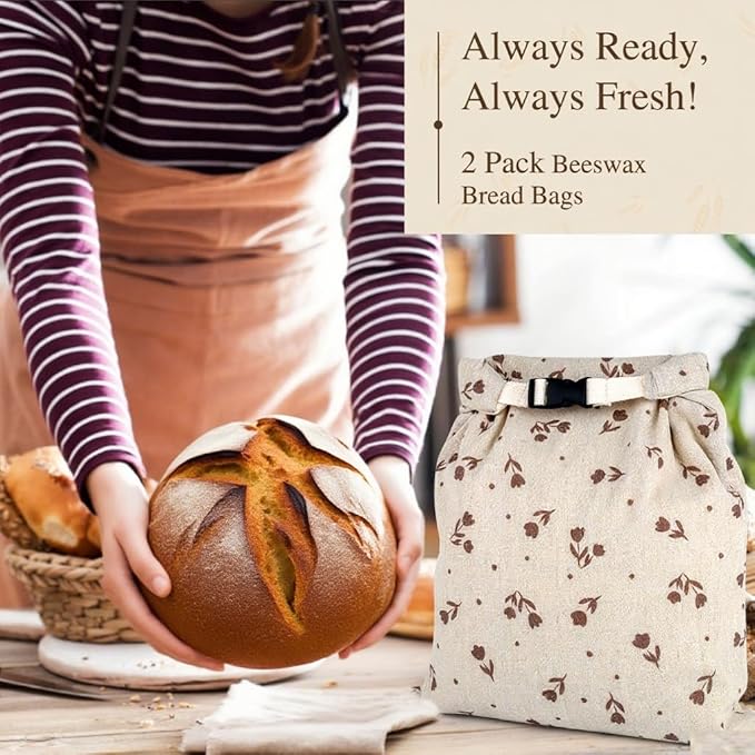 Sourdough Bread Bags for Homemade Bread 2 Pack, Cotton Beeswax Bags, Reusable Breads Bag, Sourdough Bag