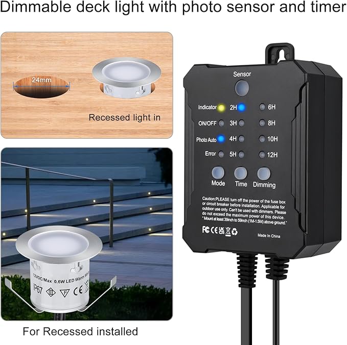 Dimmable LED Deck Lights With Timer and Photocell Sensor, 20 Pack Recessed Light Kits, IP67 Waterproof Outdoor Smart Lighting for Garden, Yard, Patio, Step, Floor Decoration