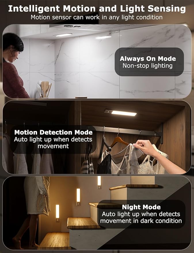 8" Ultra-Thin Under Cabinet Lighting Wireless, Aluminum Alloy Under Counter Lights for Kitchen, 3-Color-Temps Magnetic Closet Lights, Rechargeable Motion Sensor Light Indoor (4 Pack, Silver)