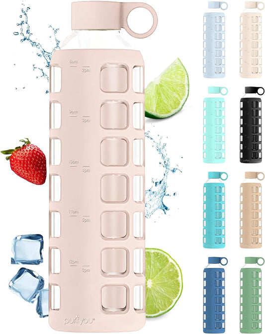 purifyou 40oz / 32oz / 22oz / 12oz Borosilicate Glass Water Bottle with Time & Volume Markers, Silicone Sleeve, Stainless Steel Lid – Reusable Glass Bottle for Water & Juice (32oz Hazelnut)