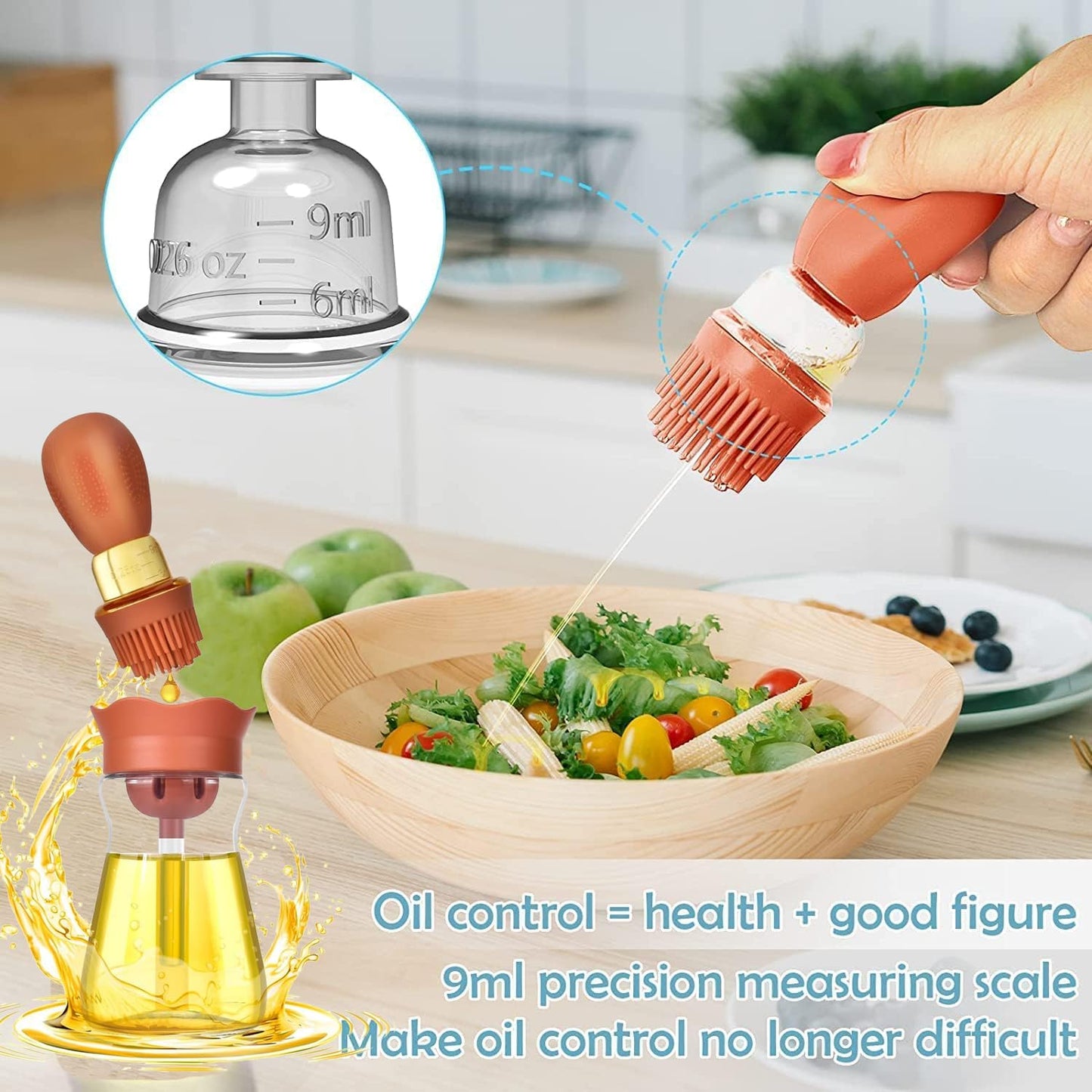 Oil Dispenser Bottle with Silicone Brush, 3 Pack 180ML 2 in 1 Silicone Dropper Measuring Oil Dispenser Bottle for Kitchen Cooking, Frying, Baking, BBQ Pancake, Air Fryer, Marinating