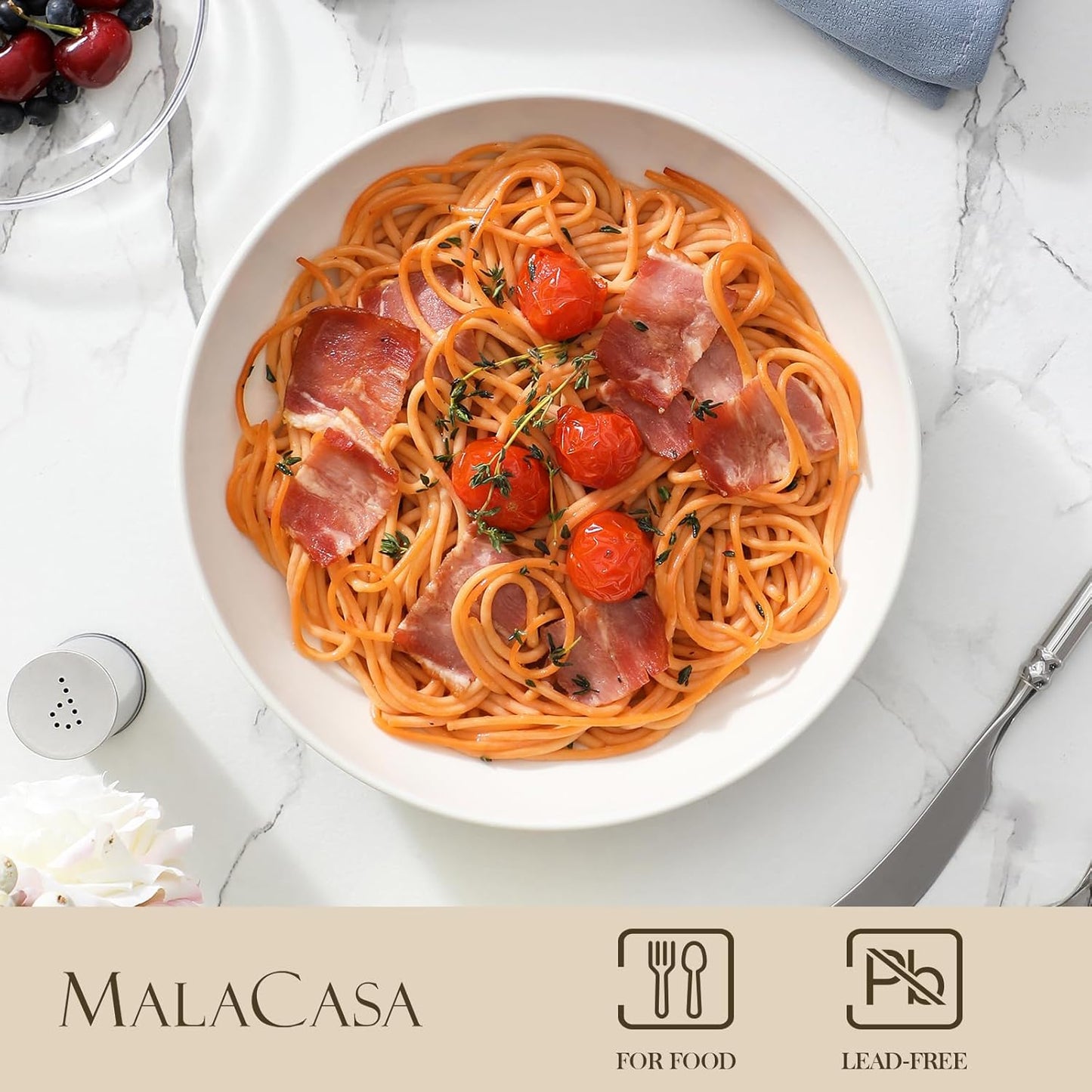 MALACASA 8.85" Large Pasta Bowls, 42 OZ White Salad Bowls Soup Bowls, Porcelain Serving Bowls Set of 4, Large Kitchen Bowl Plates Pasta Plates, Microwave & Dishwasher Safe, Series REGULAR