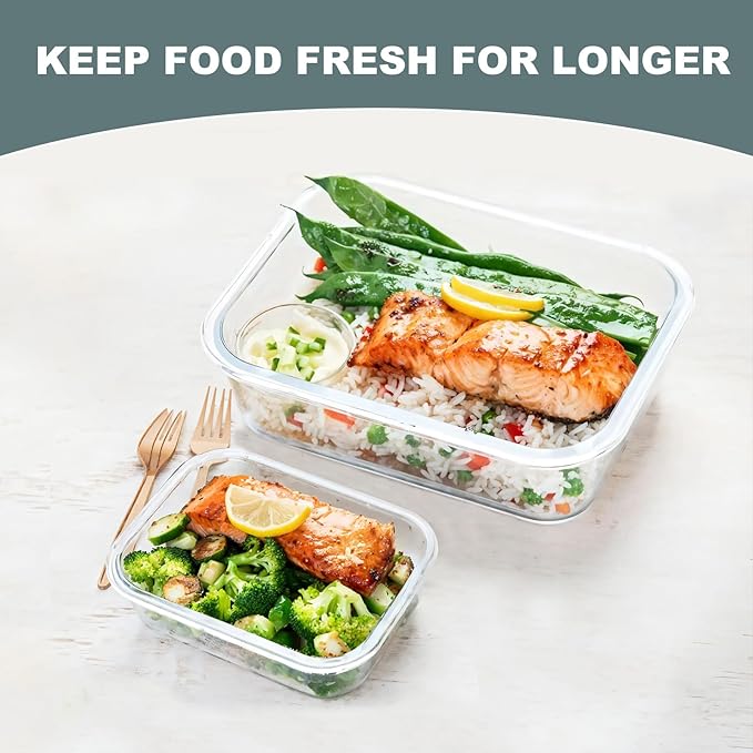KOMUEE 10 Pack Glass Food Storage Containers, Meal Prep Containers with Lids, Airtight Glass Lunch Boxes, Freezer, Oven, and Microwave Safe