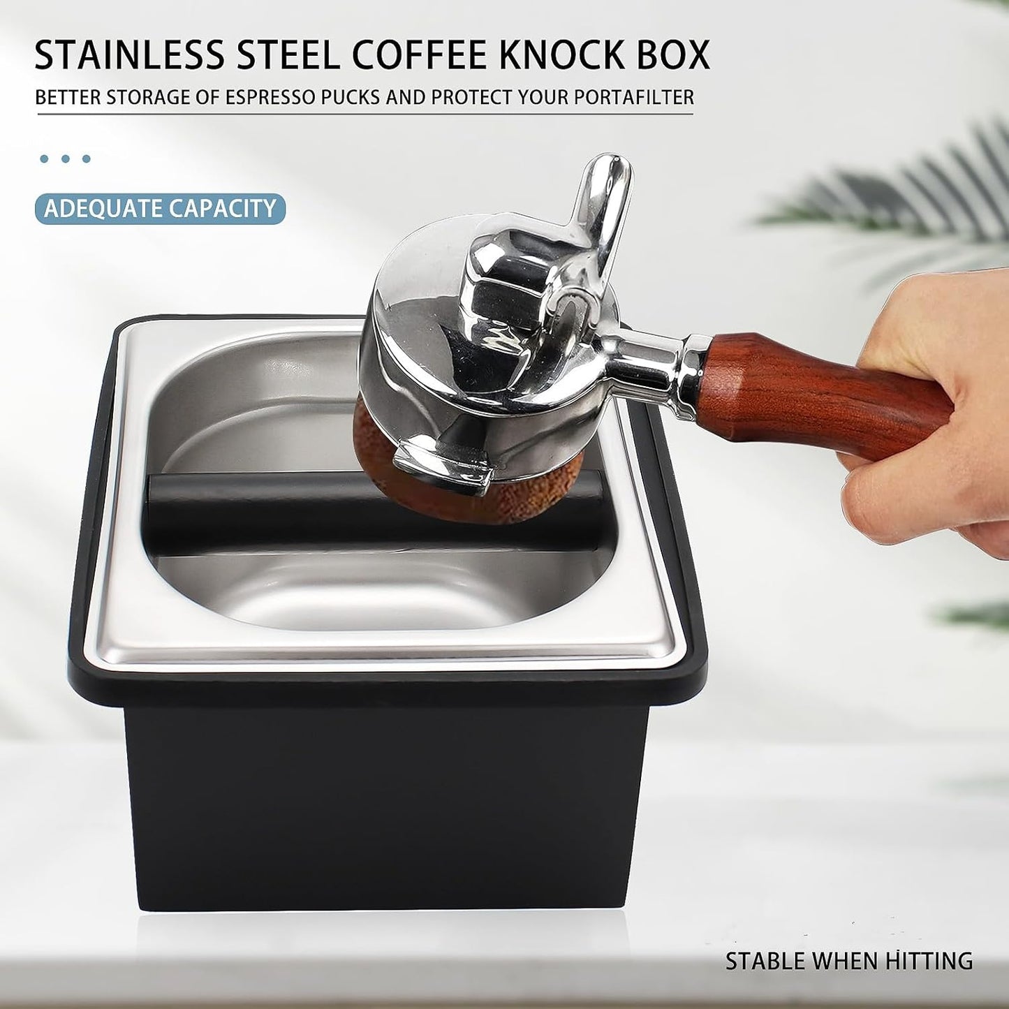 DIBTSA Espresso Knock Box,Stainless Steel Coffee Pucks Container, with Steel Holder and Noise Reduction Rubber Ring (7.28 x 6.8 x 4.25 inch)