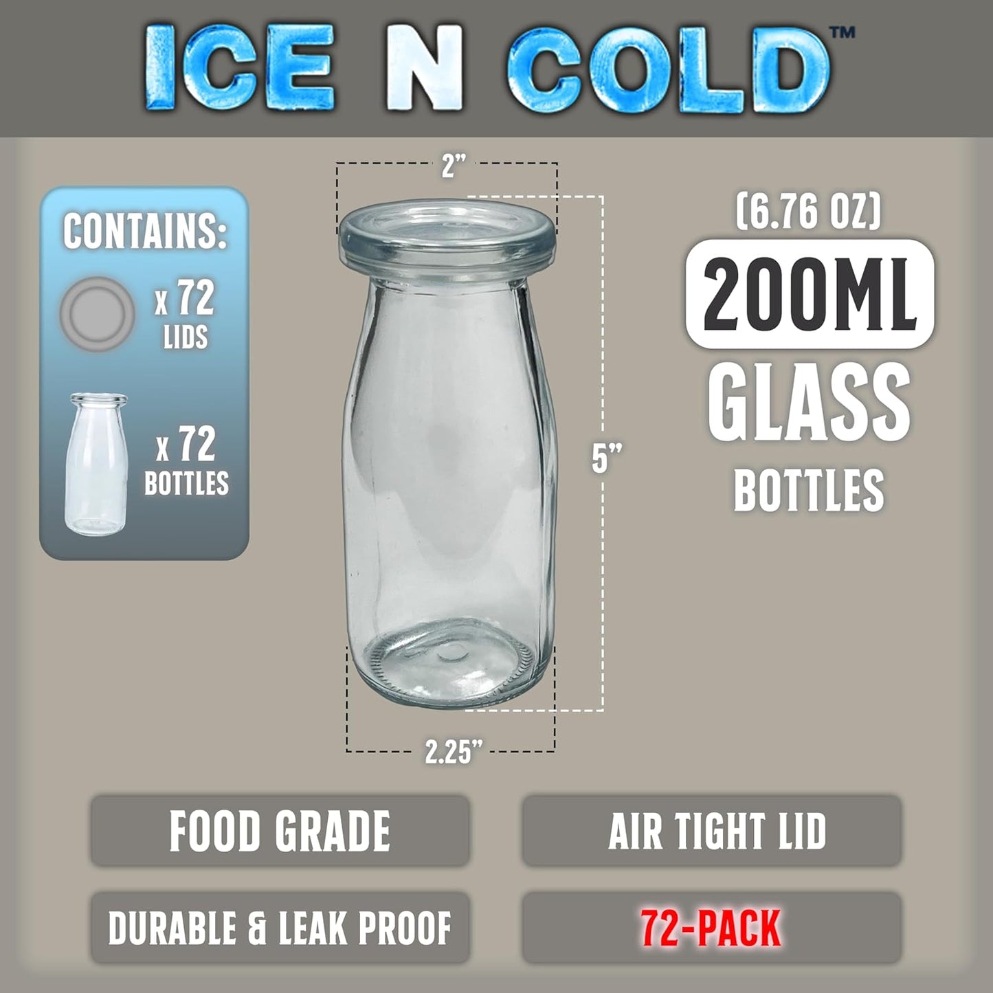 6.76 oz / 200ml Vintage Glass Bottle with Leakproof Clear Lid, Reusable & Eco-Friendly – Ideal for Milk, Juices, Smoothies, Infused Water, BPA-Free Glass Bottle (72-Pack)