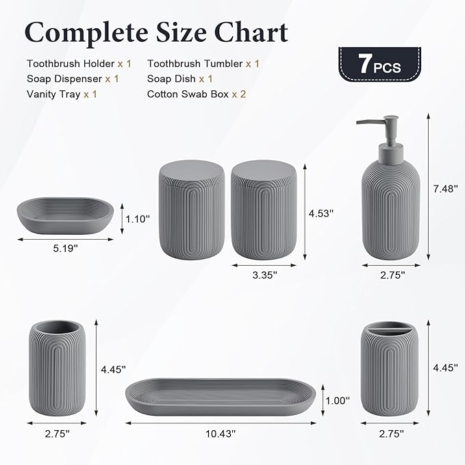 Bathroom Accessories Set - 7-Piece Resin Bathroom Set, Toothbrush Holders Set, Soap Dispenser, Qtip Holder Dispenser, Tumbler, Soap Dish & Tray, Modern Bath Decor for Home Dorm Hotel (Grey)