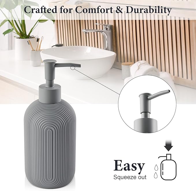 Bathroom Accessories Set - 7-Piece Resin Bathroom Set, Toothbrush Holders Set, Soap Dispenser, Qtip Holder Dispenser, Tumbler, Soap Dish & Tray, Modern Bath Decor for Home Dorm Hotel (Grey)