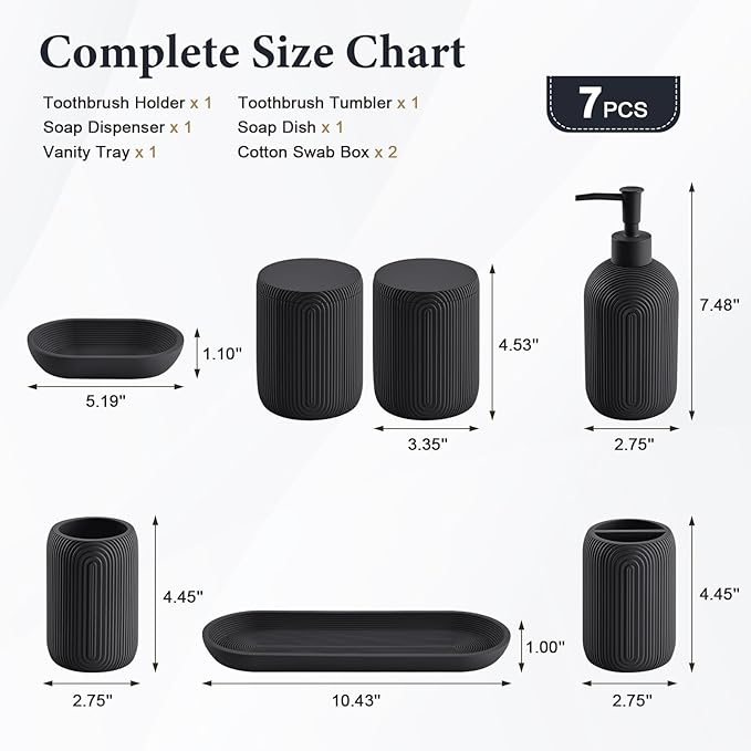Bathroom Accessories Set - 7-Piece Resin Bathroom Set, Toothbrush Holders Set, Soap Dispenser, Qtip Holder Dispenser, Tumbler, Soap Dish & Tray, Modern Bath Decor for Home Dorm Hotel (Black)