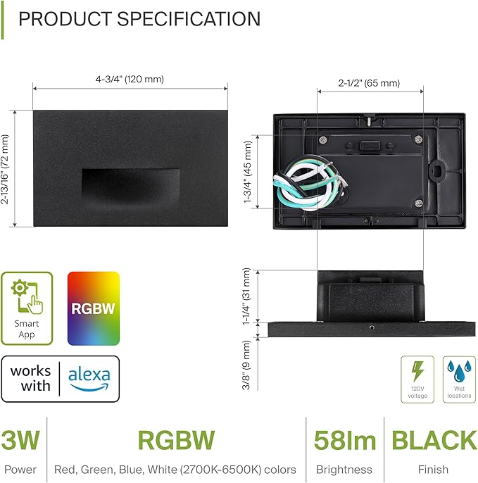 ASD LED Recessed Step Light Fixture, Outdoor & Indoor Tread Lighting | RGBW, Smart, Waterproof, ETL Listed | 3W 60LM RGB-2700K-6500K 120V | Staircase Hardwired Illumination | Black, 24 Pack