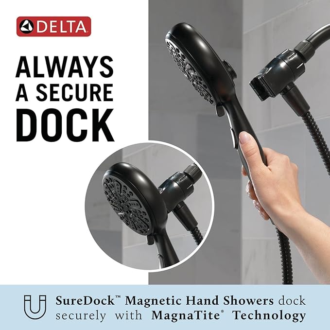 Delta Faucet 6-Spray SureDock Magnetic Shower Head with Handheld Spray, Brushed Nickel Shower Head with Hose, Showerheads & Handheld Showers, MagnaTite Docking, Stainless 75609SN