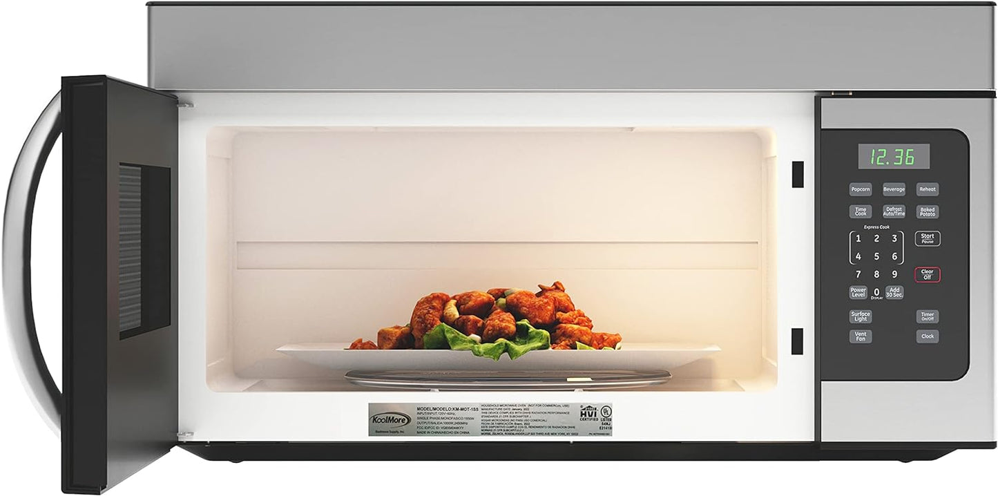 KoolMore KM-MOT-1SS Range Microwave Oven Lamp and 300CFM Recirculation Vent Hood, Auto Cook Menus, Reheat Function, 10 Power Levels, Timer, and Weight Defrost, 30 in/1.6 Cu. Ft, Silver