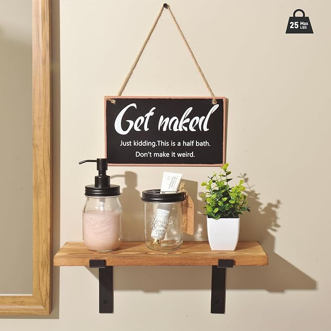 SheeChung Mason Jars Floating Shelves Set for Bathroom - 16oz Soap Dispenser, Toothbrush Holder, 2Pcs Qtip Holders, Paper Storage, Wall Mounted Farmhouse Decor, Artificial Plant, Decor Sign-Brown