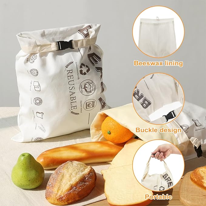 2 Pack Reusable Beeswax Bread Bags, 17 x 12 Inch Natural Cotton Reusable Bread Bags, Large Capacity Snap-on Beeswax Bread Storage Bags, Food Storage Cloth Bags, Freezer Safe