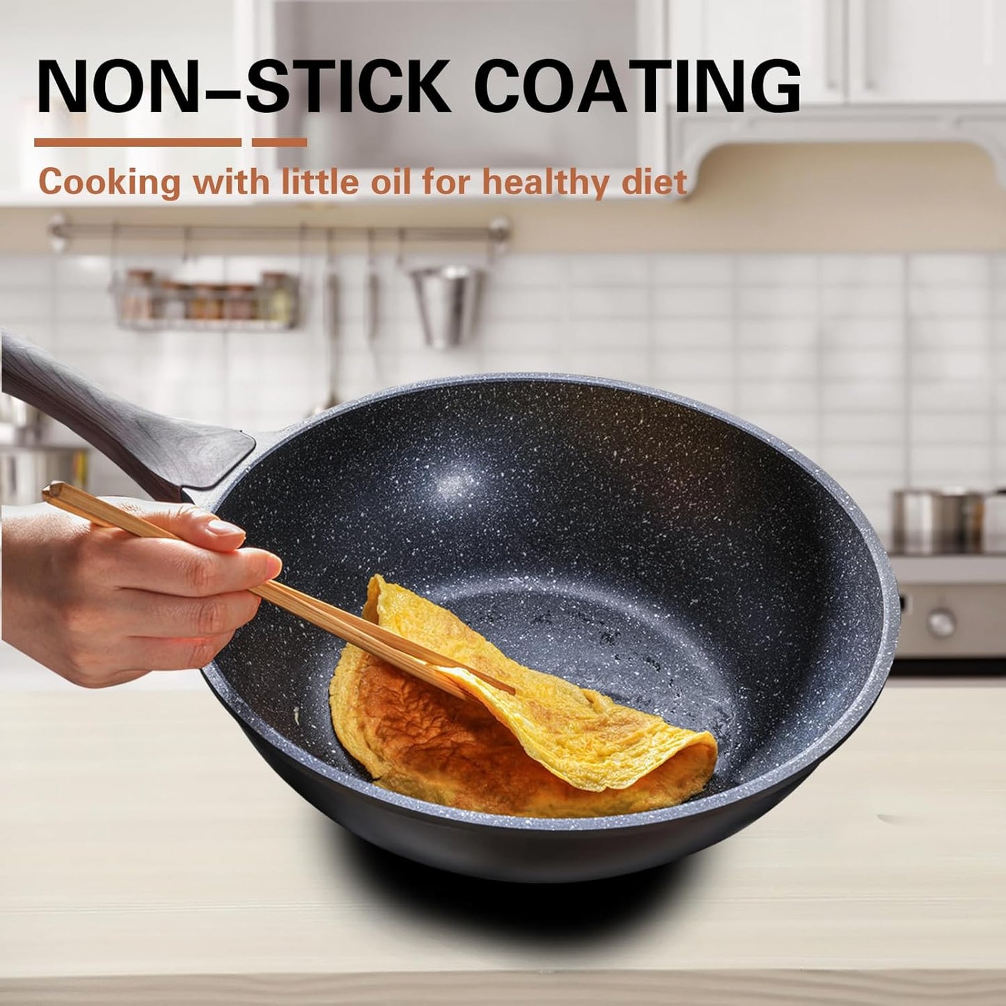 Nonstick Wok with Lid, 12 Inch Woks & Stir-fry Pans, Granite Stone Coating for Cooking, Induction Cookware, Compatible with All Stovetops, PFOA Free