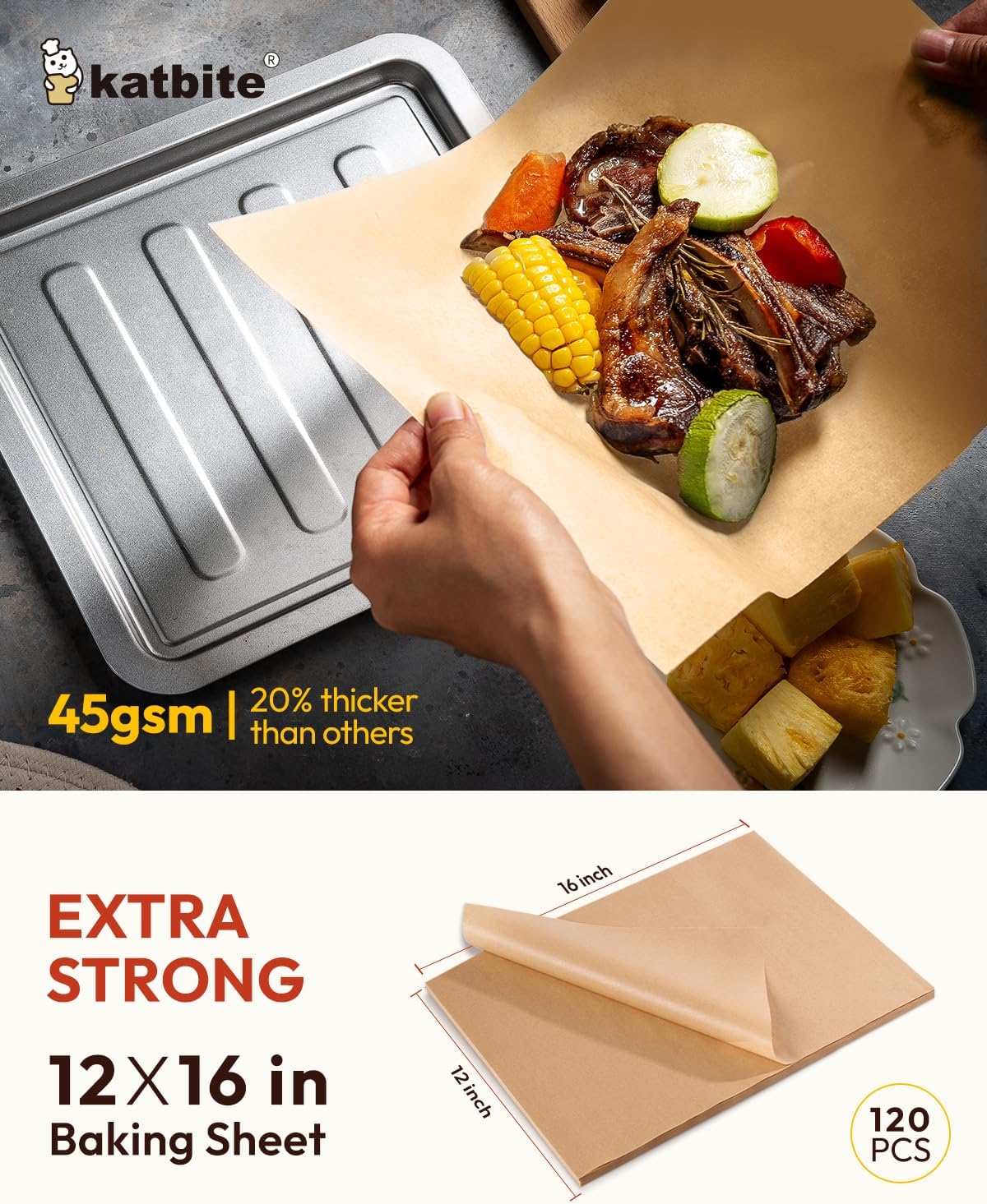 Katbite Unbleached Parchment Paper Baking Sheets, 120Pcs 12x16 Inch Precut Parchment Paper for Baking, Heavy Duty & Non-stick, Half Sheet Paper for Baking, Cooking, Steaming, Oven Paper