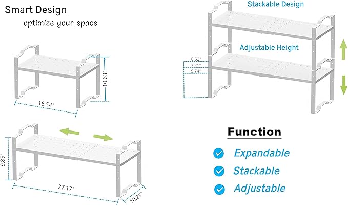 Expandable Shelf for Cabinet Organizer Adjustable Stackable Spice Rack at Kitchen and Bathroom More, Counter Countertop Cupboard Organization Pantry Storage(3 Packs/White, Large)