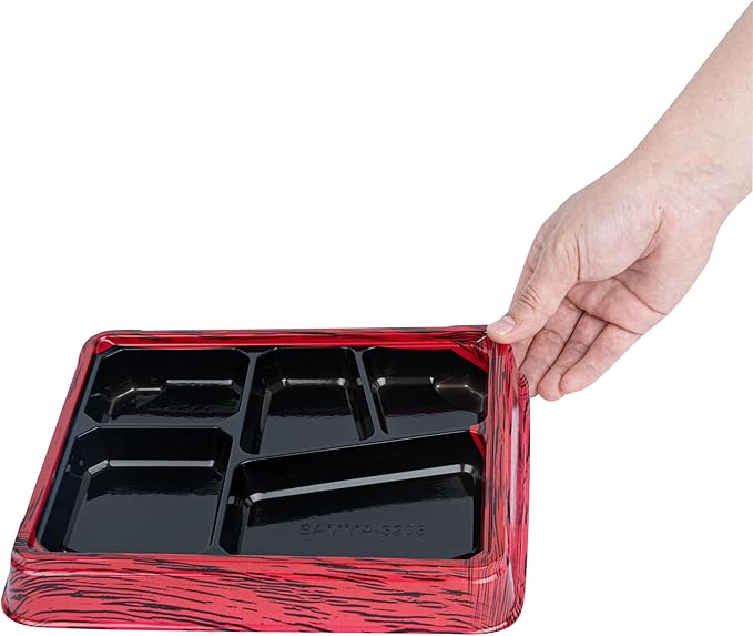 Restaurantware-Bento Tek 18.3 Ounce Meal Prep Containers, 50 Disposable To Go Food Boxes - Lids Sold Separately, 5 Compartments, Red And Black Plastic Bento Lunch Boxes, Freezable, For Take Out