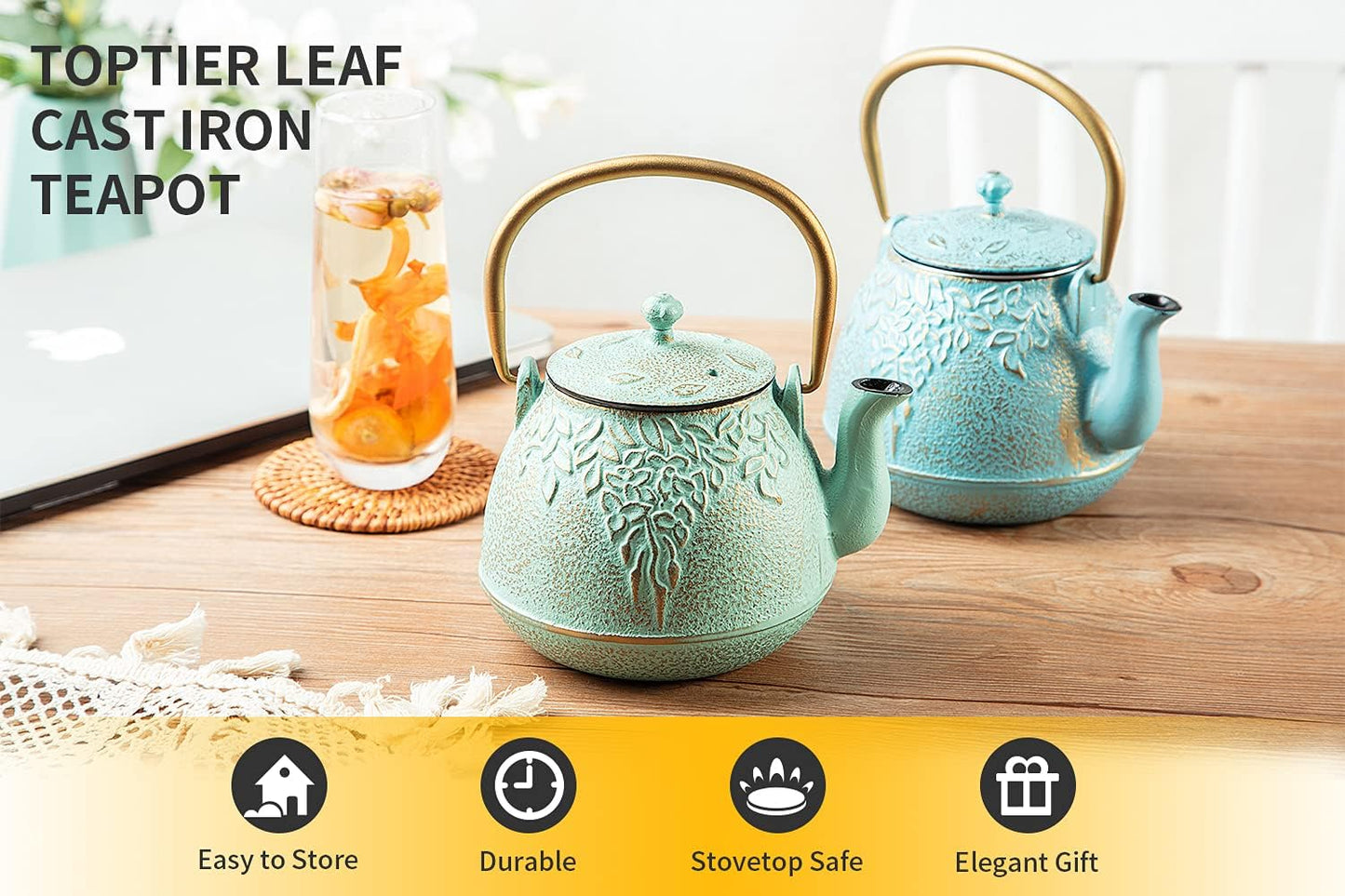 Tea Kettle, TOPTIER Japanese Cast Iron Teapot with Infuser for Loose Leaf and Tea Bags, Stovetop Safe Cast Iron Tea Kettle Coated with Enameled Interior for 40 oz (1200 ml), Light Green