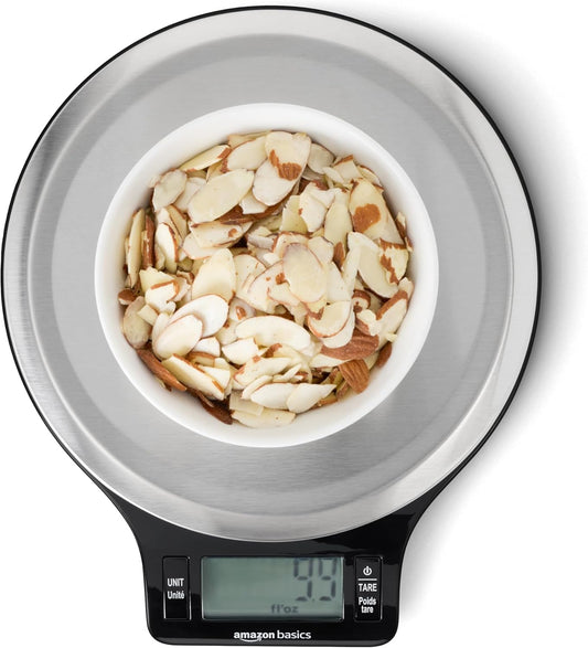 Amazon Basics Digital Kitchen Scale with LCD Display, Batteries Included, Weighs up to 11 pounds, Black and Stainless Steel